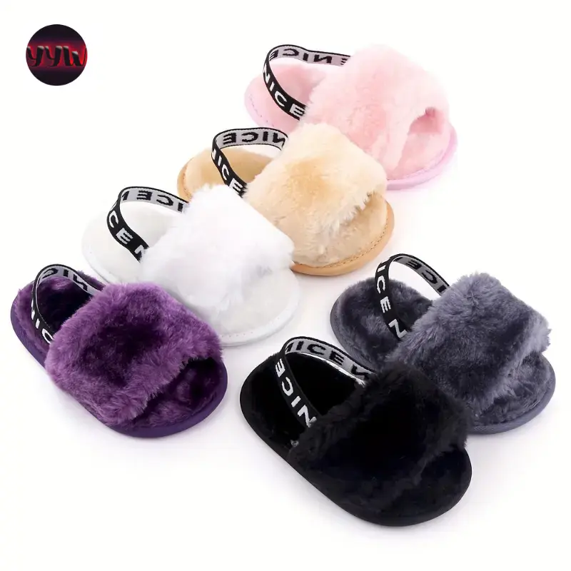 YYW1 Kids' Open-Toe Fuzzy Fabric Walking Shoes - Baby Girls' Slip-On Fit, Comfortable Lightweight Indoor Home Flat Shoes (All Seasons)
