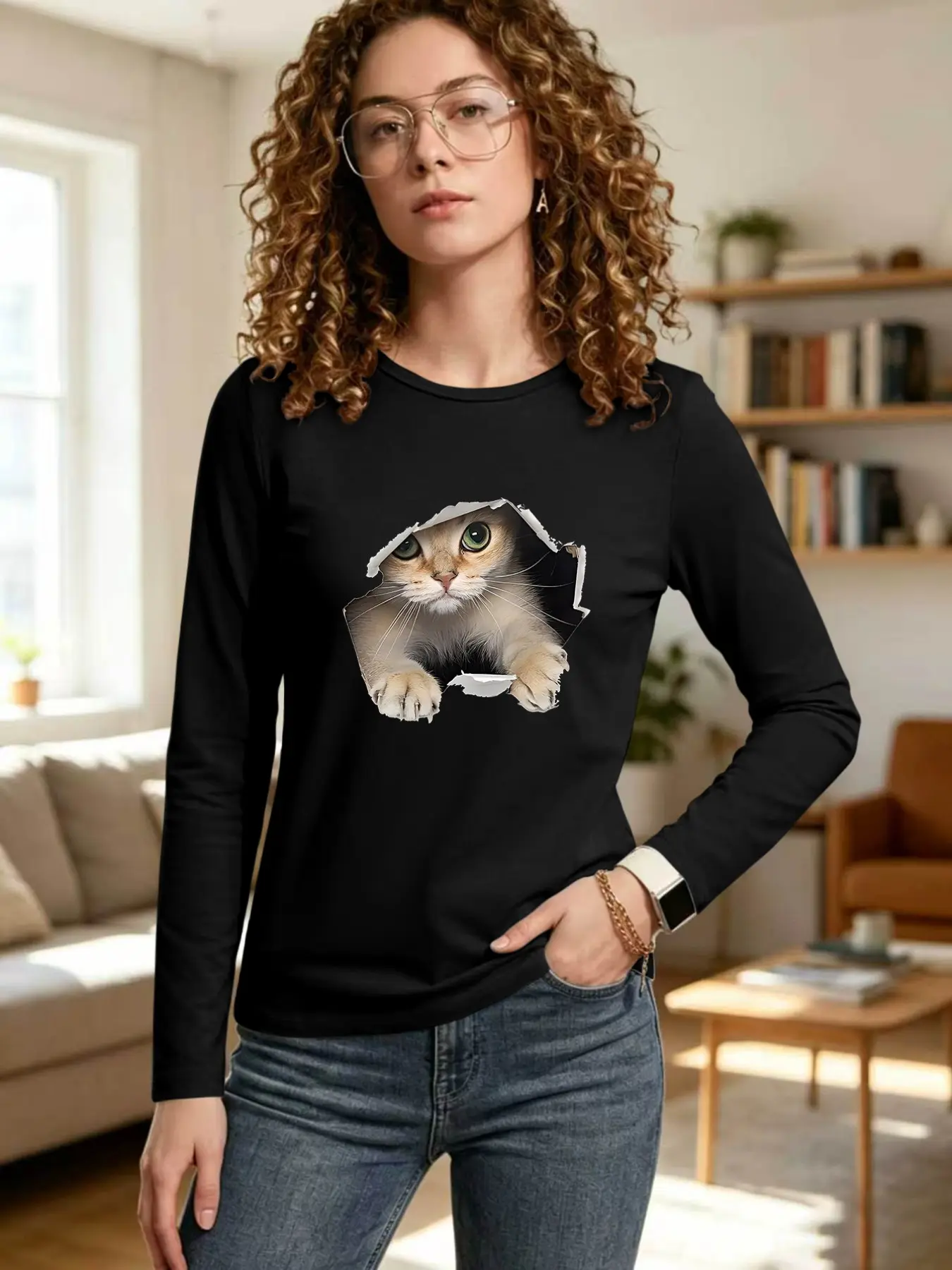 Women's Spring & Fall Long Sleeve T-Shirt, Cat Print Ripped Design, Fun Creative Casual Top, Suitable for Layering or Wearing Alone