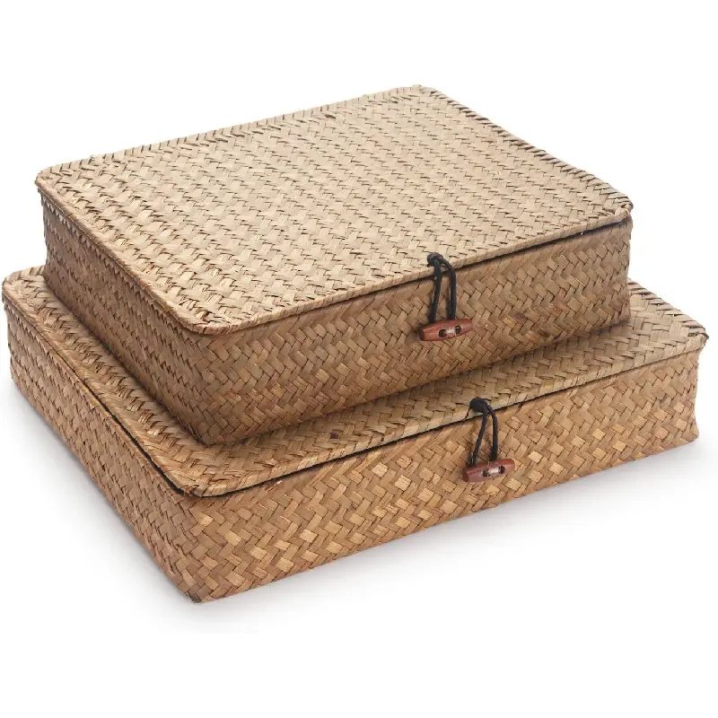 2-Piece Rectangle Seagrass Rattan Storage Baskets with Lid & Metal Insert - Large + Small Handwoven Home Organizer Box for Shelf, Snack Storage - Natural Decorative Bin, Men's Stuff
