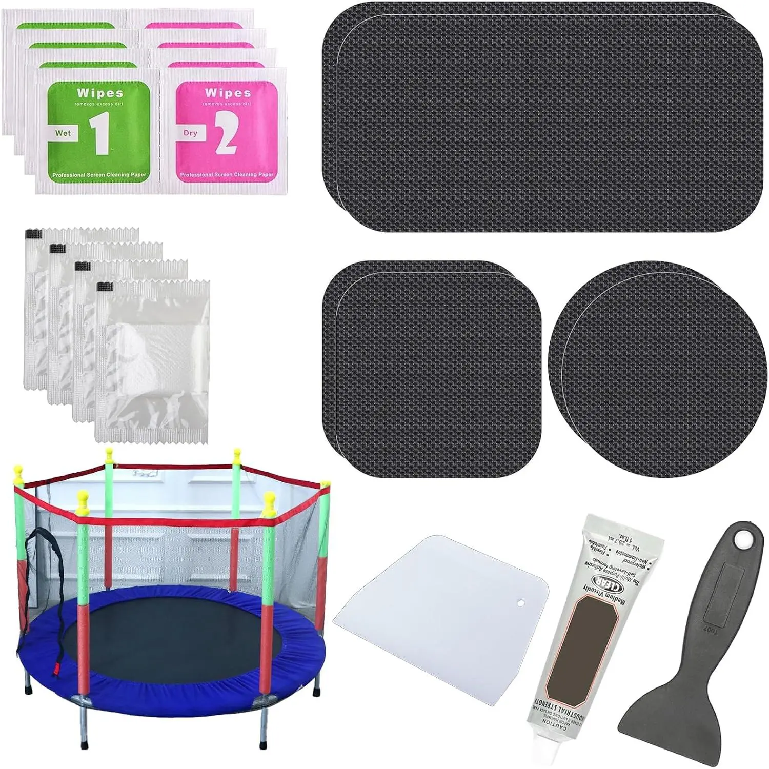 Heavy-Duty Trampoline Patch Repair Kit: 6 Self-Adhesive Patches (2 Square+2 Rectangular+2 Round) Repair Trampoline Mat  or Hole in a & Quick Mat Repairs