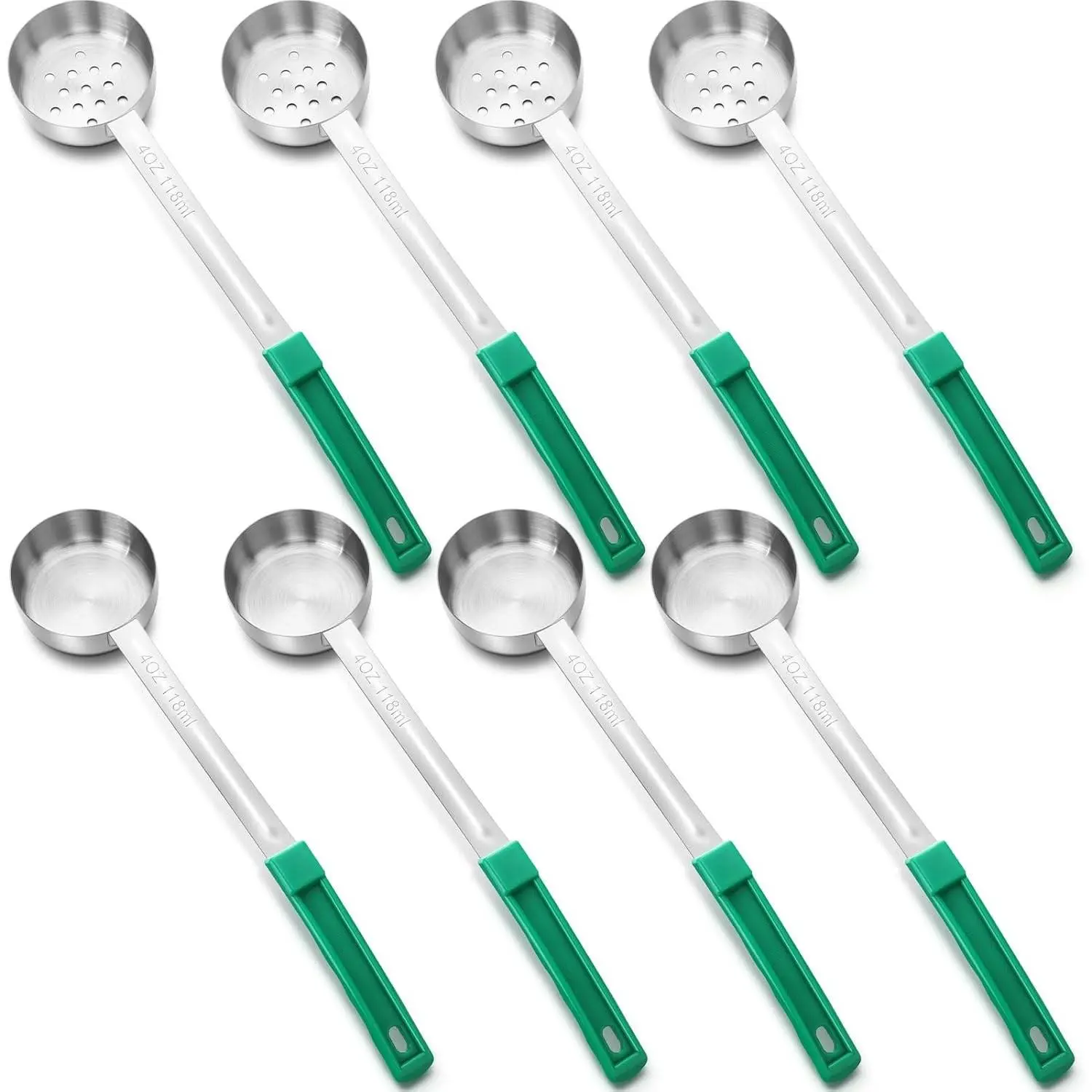 Modern 8-Piece Stainless Steel Kitchen Measuring Serving Spoons Set - Hanging Solid-Slotted Portion Control Scoops, 4oz Green Ladle Utensils for Parties-Dining, Plastic