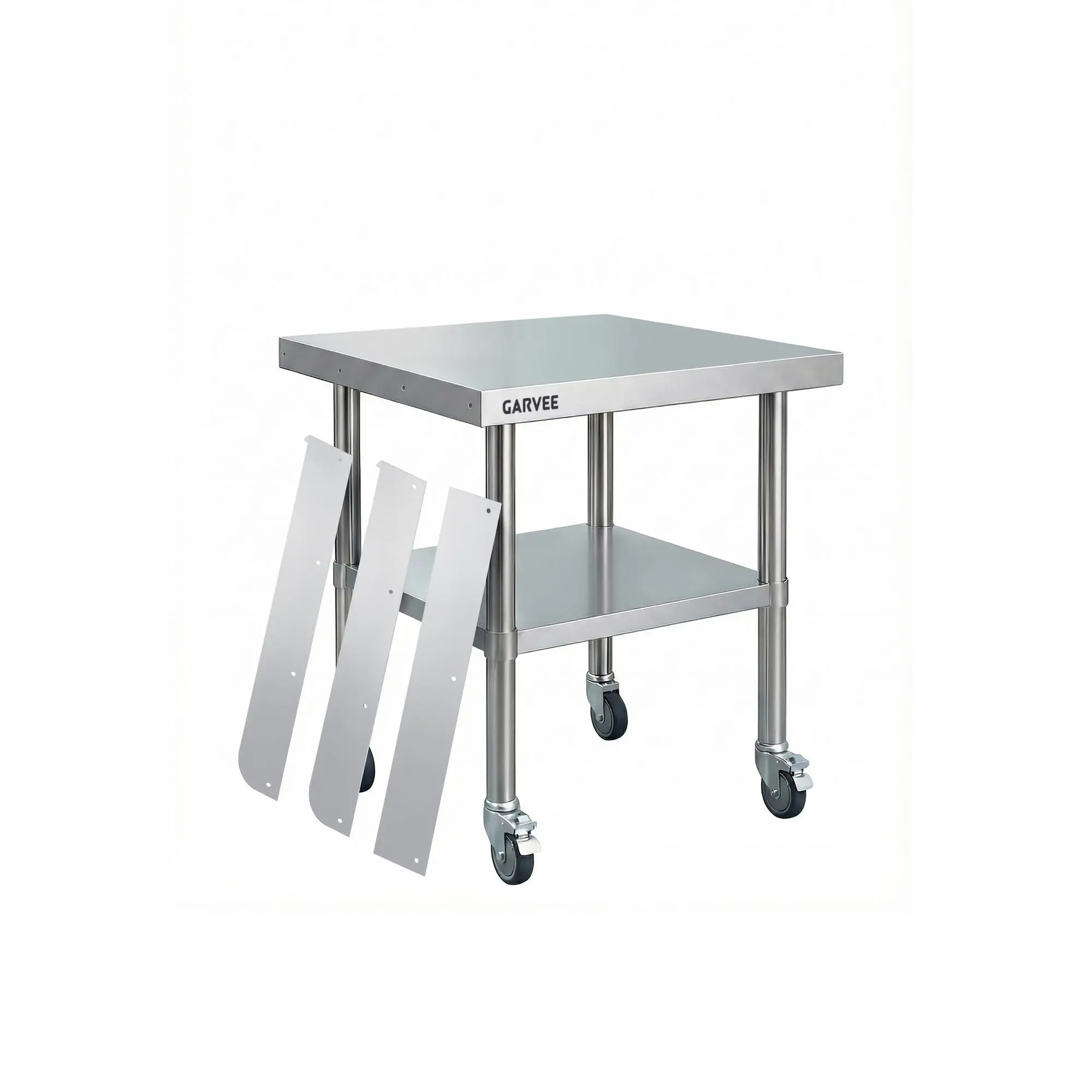 Stainless Steel Commercial Work Table - Heavy Duty Mobile Prep Station - 3-Sided Detachable Backsplash - Adjustable Undershelf - Locking Wheels - For Restaurant, Kitchen, Garage