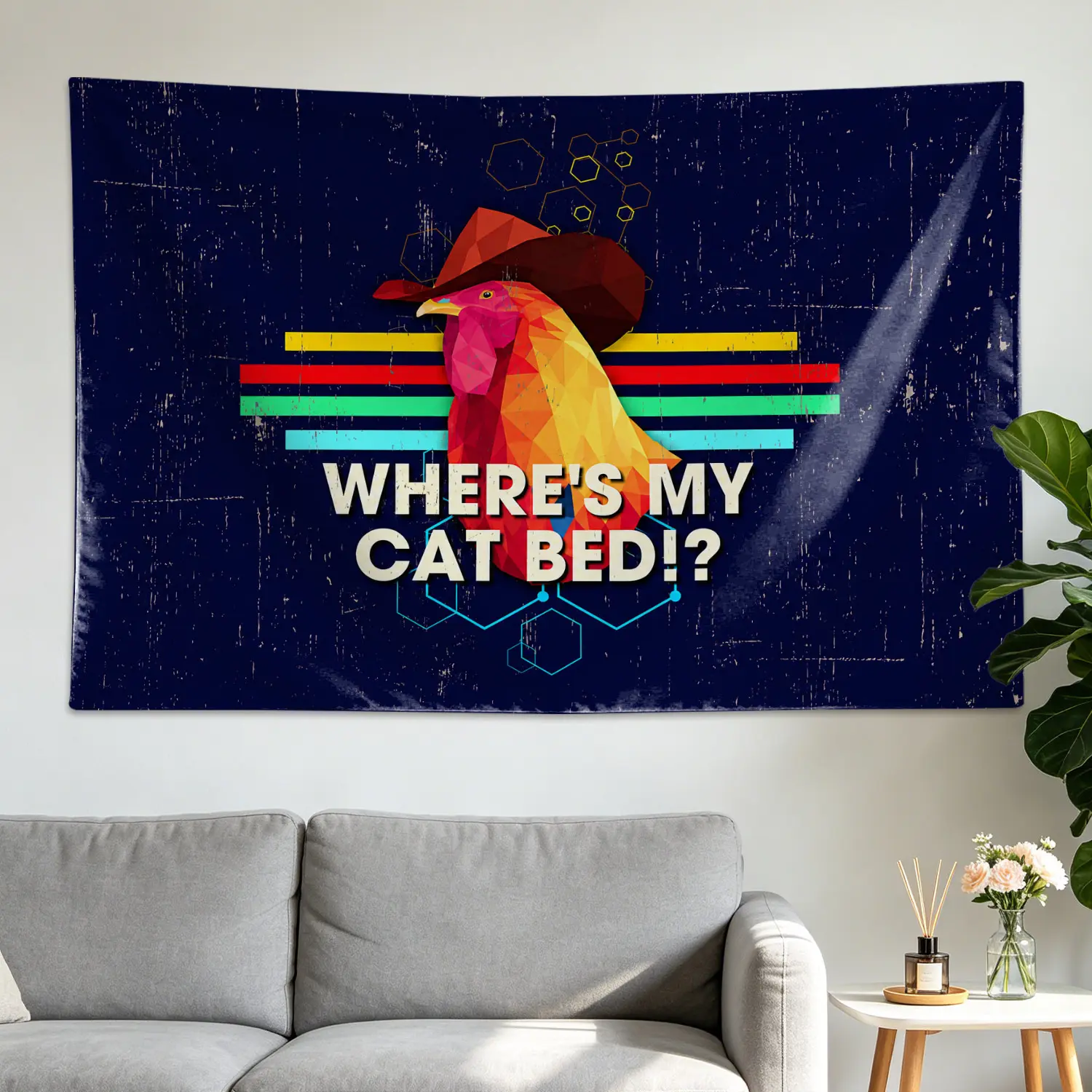 Cowboy Rooster Geometric Retro Wall Tapestry - Large Horizontal Polyester Decor Artwork, No-Installation Room Decor Wall Hanging, Gift Idea for Family, Colorfast