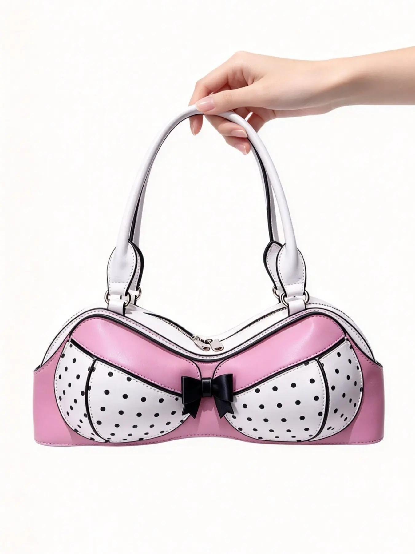 Unique Bra‑Shaped Baguette Single‑Shoulder Handbag, Pu Shoulder Bags, spliced with exquisite bow decorations, featuring trendy design, suitable for dating, parties, nightclubs, festivals, outings and other scenes