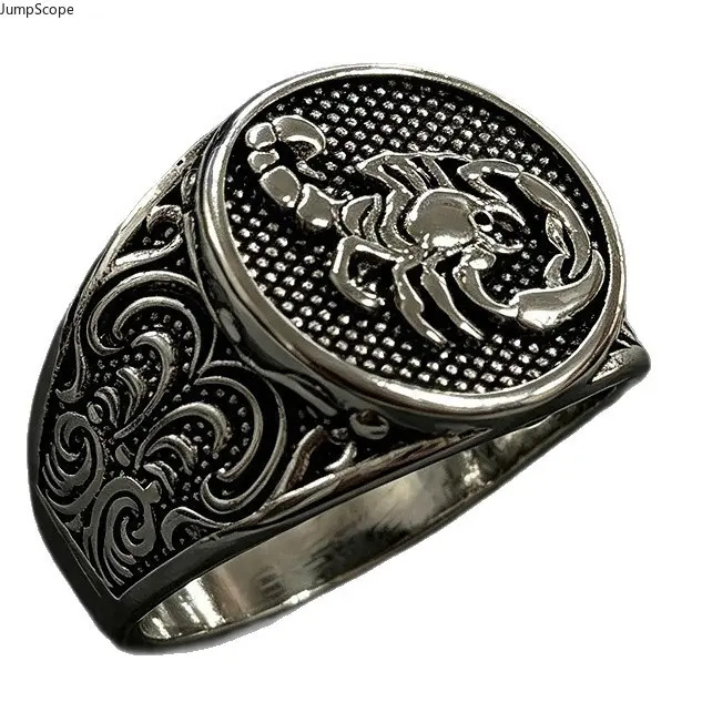 Vintage Embossed Scorpion Signet Men Ring, Oxidized Silver Scroll Engraved Wide Band, Retro Gothic Punk Statement Finger Jewelry For Guys