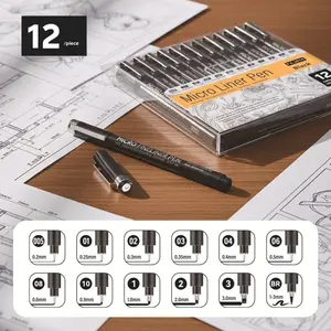 12pcs Professional Art Marker Pen for Students Waterproof No Bleed Sketching Comic Design Black Fineliner Calligraphy Drawing Pen