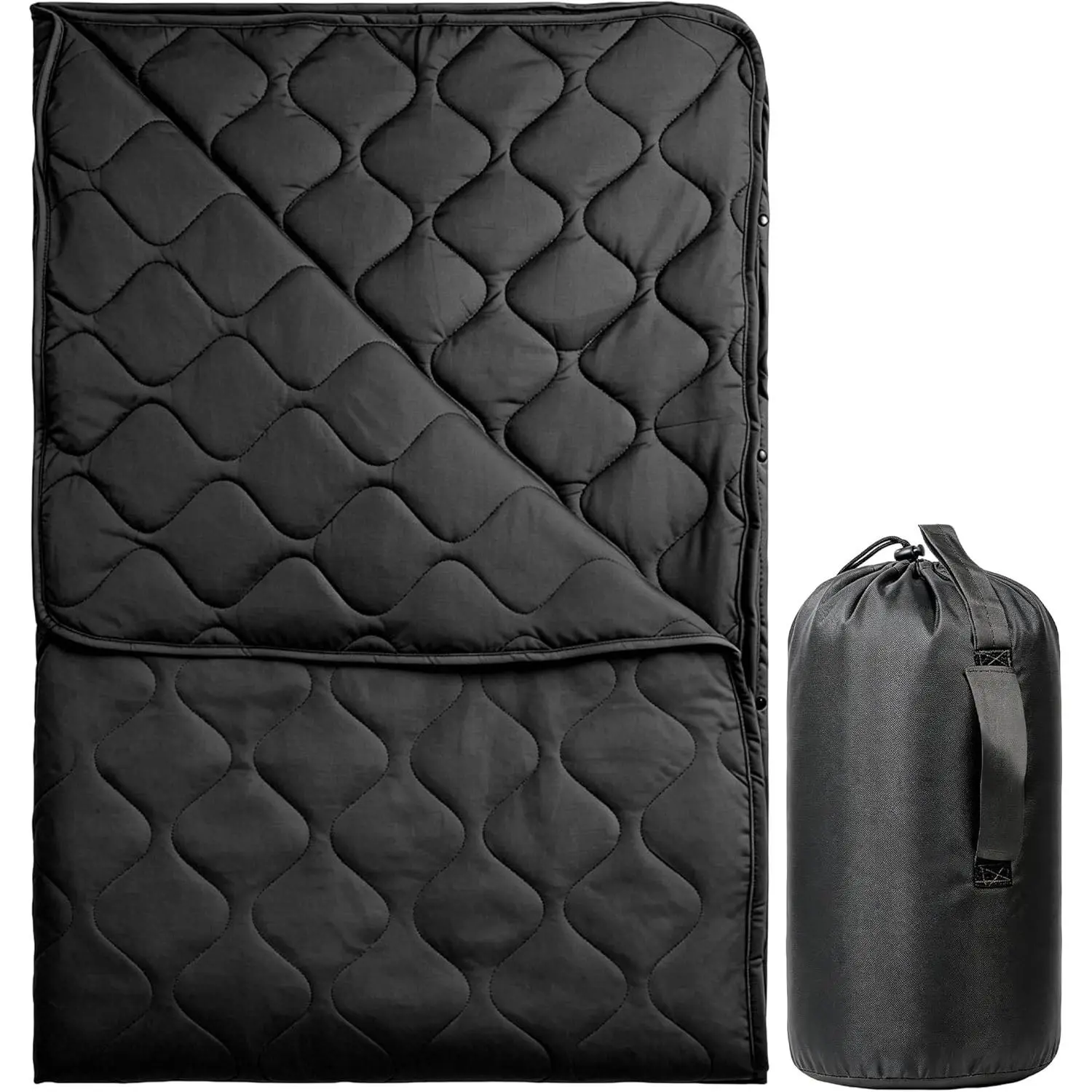 Woobie Blanket, Thermal Insulated Military Poncho Liner, Water-Resistant, Portable, Insulation, for Hiking, Survival with Compression Carry Bag (Black)
