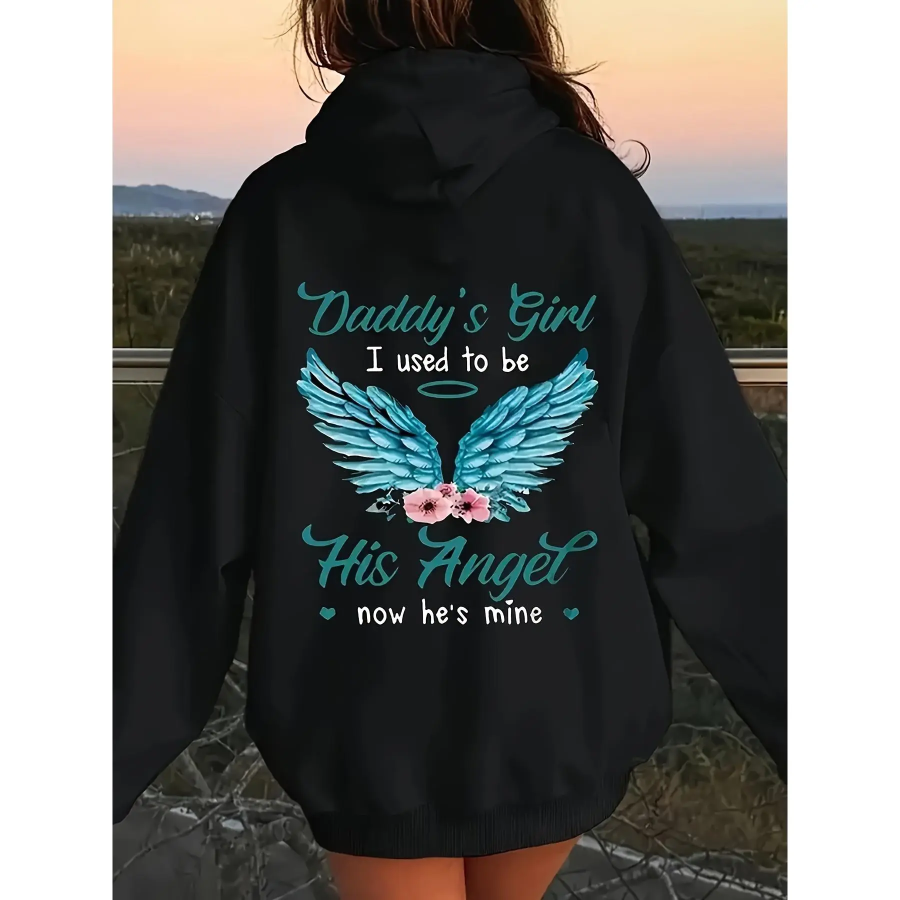 Plus Size Casual Hooded Sweatshirt, with Angel Wing Letter Print - 100% Fabric Hoodie with Geometric Pattern, Sweatshirt with Hood And Drawstring Slight Stretch Top