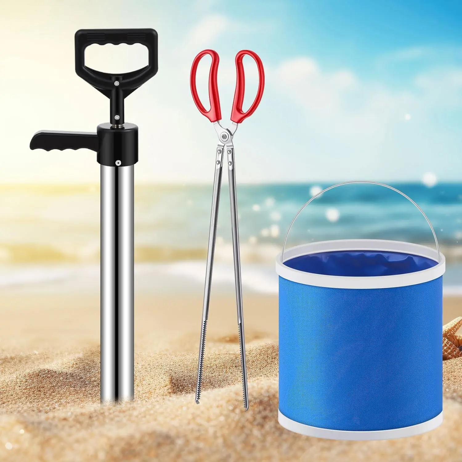 Threlaco Shrimp Pump Set Mantis Shrimp Pump with 9 l Folding Bucket and Stainless Steel Fish Pump Seafood Catching Tool Easy to Carry Sea Catching Tool for Sea Intestine Fishing Equipment