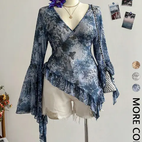 Women's Butterfly Print V Neck Flare Sleeve Top, Asymmetric Ruffle Hem, Lightweight Breathable, Casual Stylish Daily Wear, Suitable For Spring/Autumn