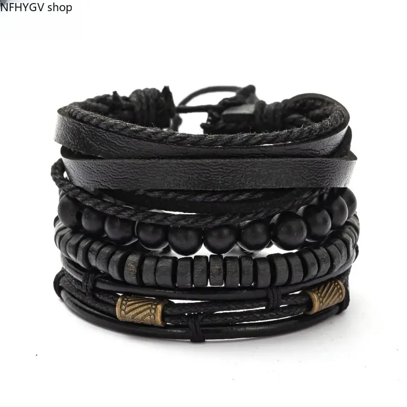 Men's Stackable Bracelet Combination Set Made Of Soft Leather Strap, Classic Anchor Charm And Natural Wood Beads, Handmade Retro Casual Wristband Jewelry Accessory Perfect For Daily Commute And Outdoor Street Outfit Matching