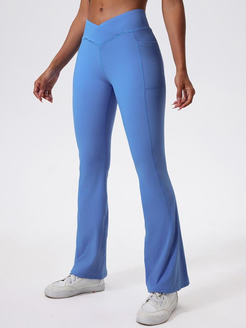 Women's Solid High Waist Flare Leg Sports Leggings, Sporty Overlap Waist Pocket Skinny Pants for Yoga Gym Workout Running, Ladies Sportswear for All Seasons, Flared Yoga Pants, Flared Yoga Bottoms, High Waisted Leggings