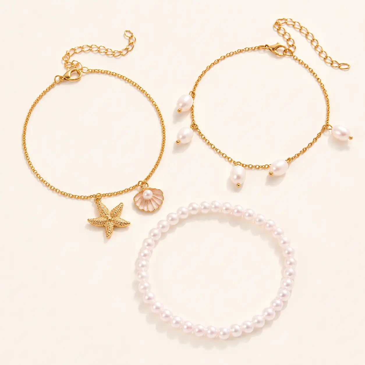 Gold Beach Anklet Set for Women, 3-Piece Layered Starfish & Shell Anklets, Pearl Beaded Adjustable Anklet Jewelry, Summer Beach Vacation Waist & Ankle Chain Jewelry Gift
