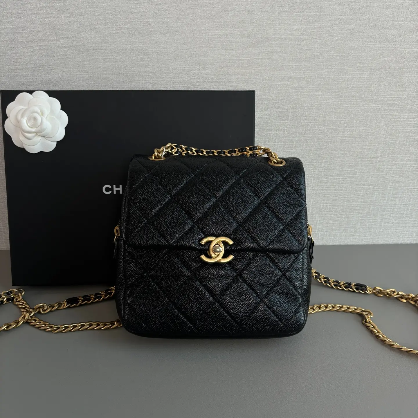 Pre-owned Chanel 22p ado Backpack Black Gold Hardware Caviar Leather Mini Backpack Luxury Bag P04E02002