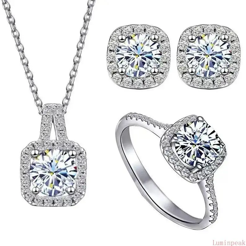 Women's Square Moissanite Combo Set - 1 & 2 Carat Clavicle Necklace, Ring, Stud Earrings, Elegant Female Indoor Recreation Jewelry, Perfect Gift for Anniversary, Birthday, Dating