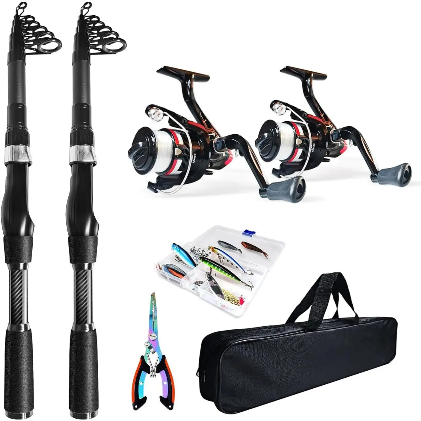 Telescopic Fishing Pole Combo, 2 count 6.89ft Carbon Fiber Fishing Rods Spinning Reels Set,Full Kit with Fishing Pliers Lures and Carrier Bag for Travel Saltwater Freshwater