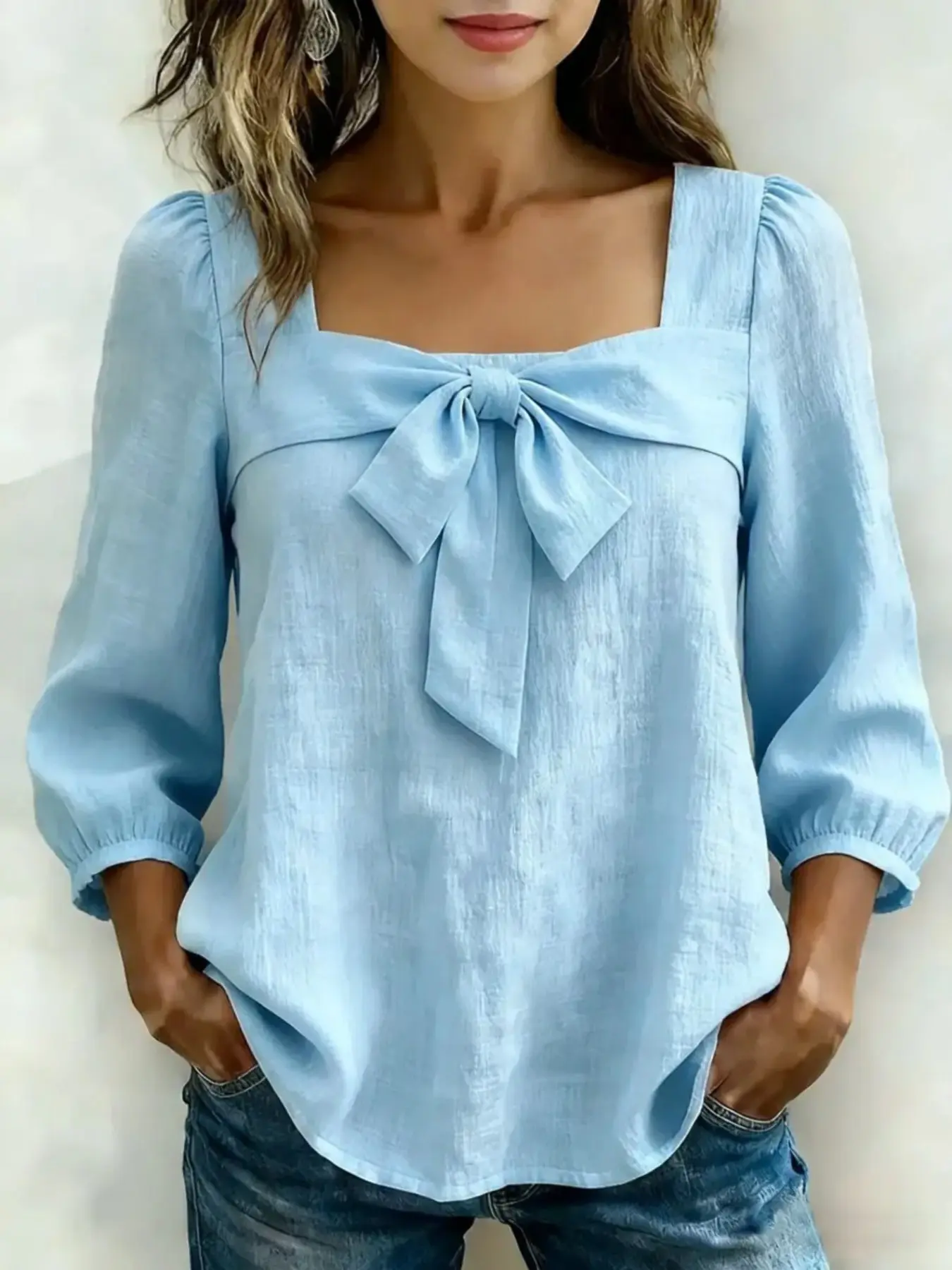French Square Neck Bow Bubble Sleeve Shirt Blouse for Women, Unique Design Soft Style Three-Quarter Sleeve Top, Elegant and Chic Fashion