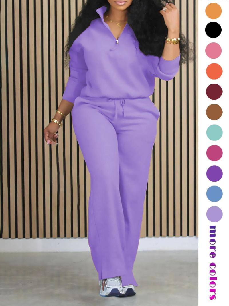 Women's Solid Half Placket Split Hem Pants Set, Casual Long Sleeve Top & Pocket Wide Leg Trousers for Summer, Ladies Clothes for Daily Wear, Womenswear