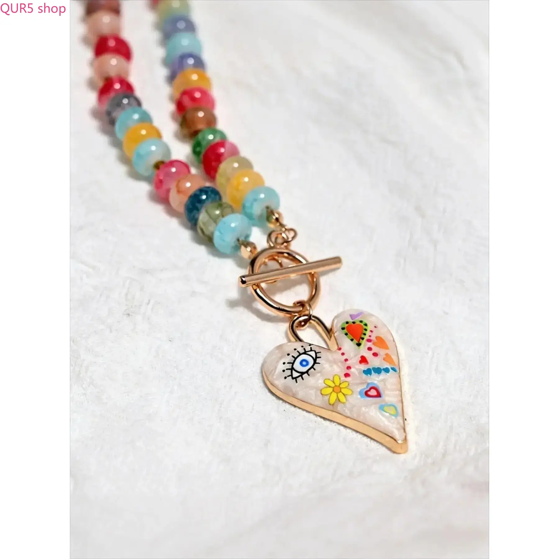 Women’s Vintage Handmade Multicolor Hand Painted Dripping Oil Effect Heart Necklace, Lightweight Wear Glass Pendant Jewelry, Casual-Sports Outfit Accessory for Everyday, Dating Use, Glass & Crystals