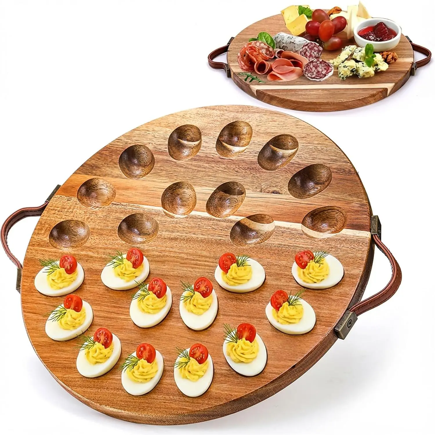 Acacia Wood Deviled Egg Platter with Handles for Easter, 24 Holes Round Deviled Egg Tray Container, Reversible Charcuterie Board Egg Plate Serving Tray for Countertop