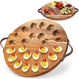 Acacia Wood Deviled Egg Platter with Handles for Easter, 24 Holes Round Deviled Egg Tray Container, Reversible Charcuterie Board Egg Plate Serving Tray for Countertop