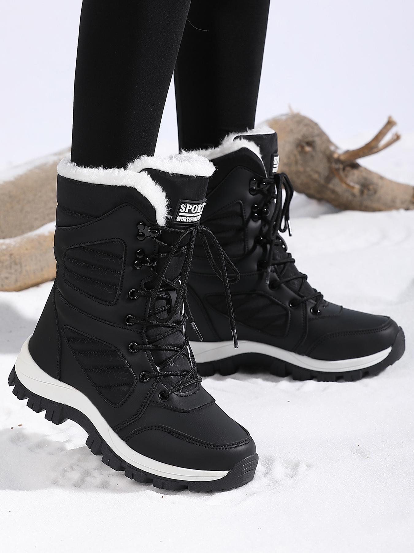 Women's Solid Color Plush Lined Thick-Soled Lace Up Snow Boots Winter Booties, Thermal Warm Casual Sporty Comfortable Outdoor Sports Boots for Fall & Winter, Female All-match Round Toe Shoes for Daily Wear