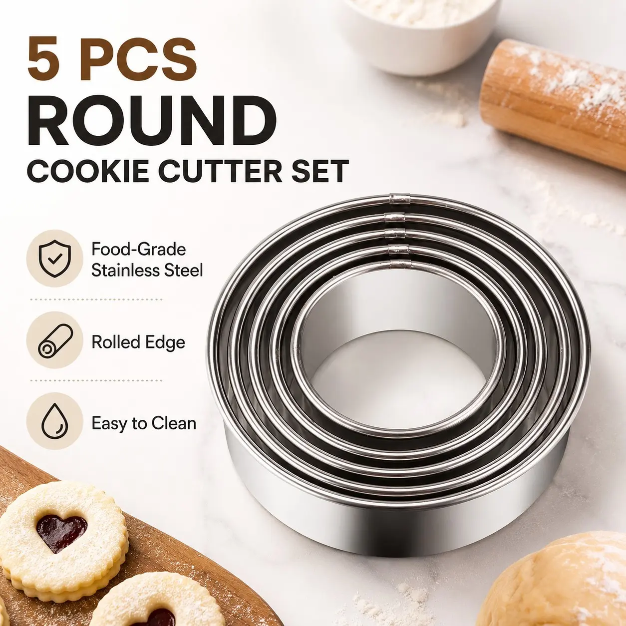 Five piece set of stainless steel biscuit pastry slicer, sugar flipping mold, cookie maker, circular baking accessories