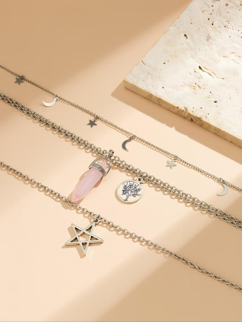 4pcs Vintage Star Moon Pendant Necklace for Women & Girls, Daily Wear Necklace, Girlfriend Gifts Jewelry, Fashion Chic Gorgeous Jewelry for Party, Daily Clothing Decor, All-match & Exquisite Jewelry for Birthday Gift, Trendy Charm Necklaces, Gift Ready