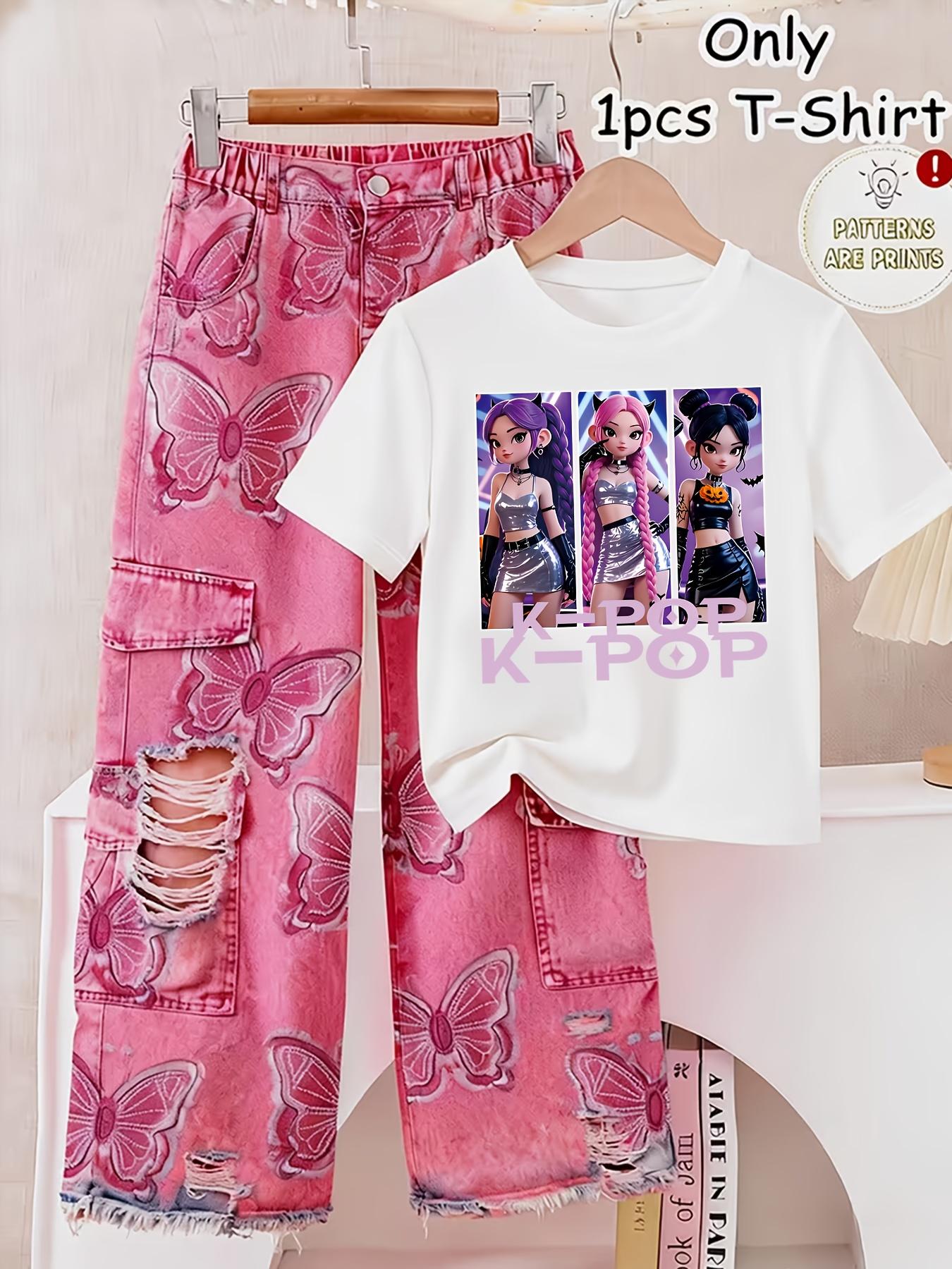 1Girl Group Graphic Tee, Korean Fashion Tee, Trendy Stylish Girls' Printed T-Shirt, Casual Short Sleeve Tshirt, Letter Pattern Tshirt, Fun Pattern Daily Wear Tshirt (T-Shirt Solely, Pants Not Included)