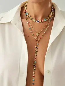 Vibrant Rosary Cross Necklace Set, Colorful Zircon Layered Chokers, Hypoallergenic, Gold Tone, Catholic Religious Jewelry, Perfect for Mother’s Day/Valentine’s/Birthday Gift, Faith & Style Statement, Perfect for Summer/Party/Beach Outfits