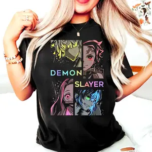 Unisex Demon Slayer Four Panel Character Grid Graphic Crew Neck T-Shirt, Soft 100% Pure Cotton Colorful Anime Manga Short Sleeve Tee for Otaku Campus Harajuku Daily Casual Outfits, Match Thin Stacked Silver Cuban Chain Necklaces