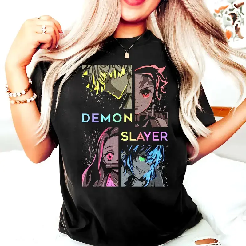 Unisex Demon Slayer Four Panel Character Grid Graphic Crew Neck T-Shirt, Soft 100% Pure Cotton Colorful Anime Manga Short Sleeve Tee for Otaku Campus Harajuku Daily Casual Outfits, Match Thin Stacked Silver Cuban Chain Necklaces
