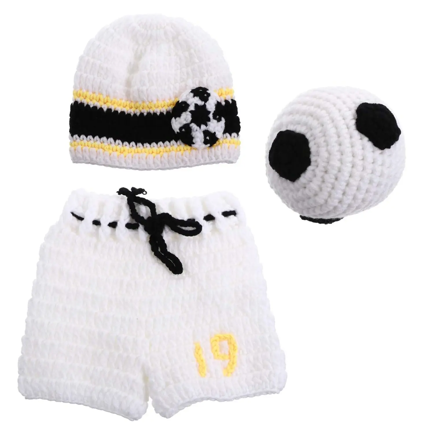 3pcs Newborn Baby Photography Props Soccer Football Crochet Outfits Cute Hat Pants Overalls Costume Gift Set for Baby Shower Sport Theme Party White