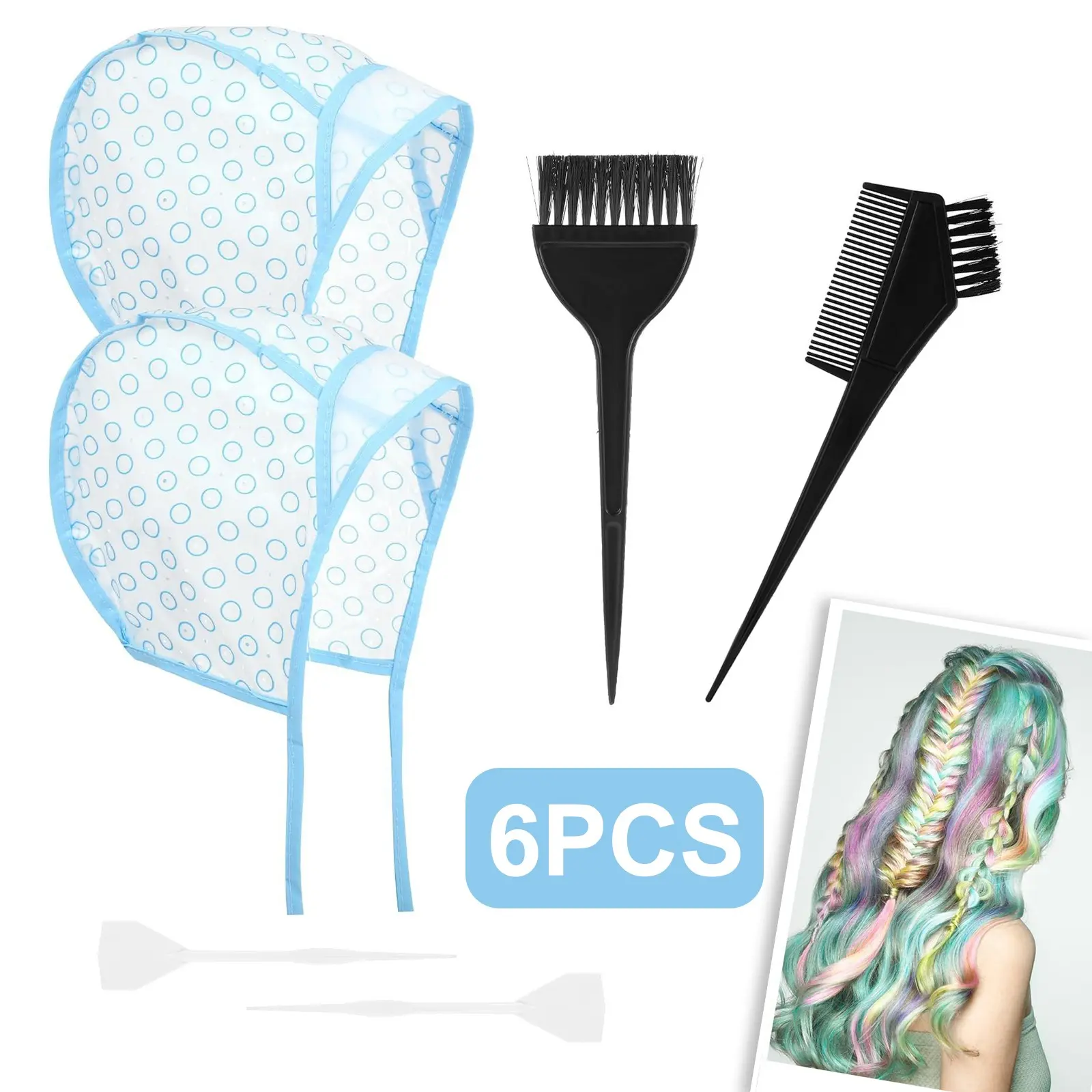 Hair Highlighting Kit 6 Pcs, Hair Salon Tools, 2 Highlighting Caps, 2 Crochet Hooks, Dual-Use Tinting Comb, Wide Dye Brush, Professional Salon DIY Home Coloring