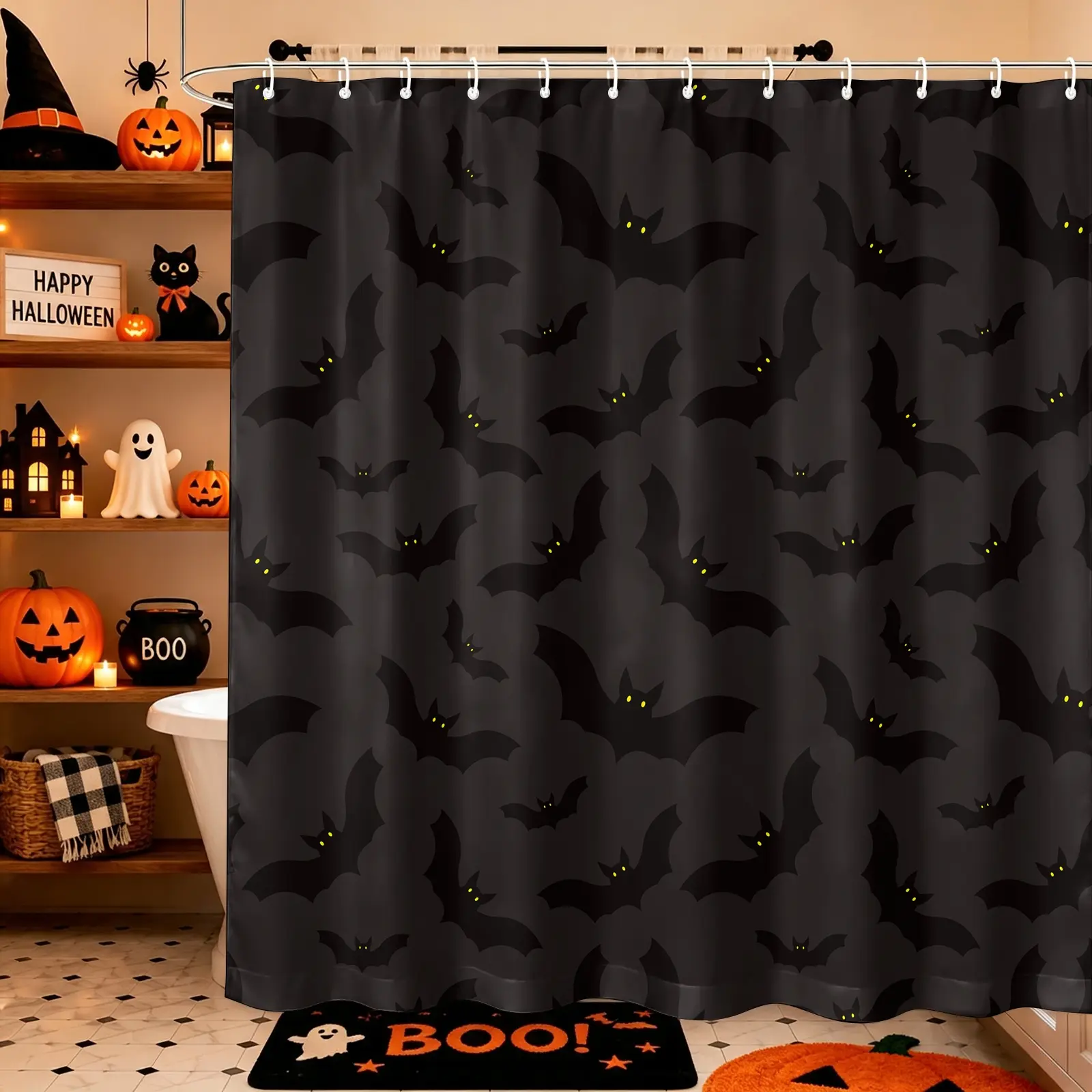Dark Base Yellow Eyes Bat Halloween Print Shower Curtain, 72X72 Inch With Hooks Easy Install, Low-key Dark Halloween Vibe Divider, Waterproof Mildew-resistant Fabric Bathroom Curtain, For Dark Retro Bathroom Halloween Decor