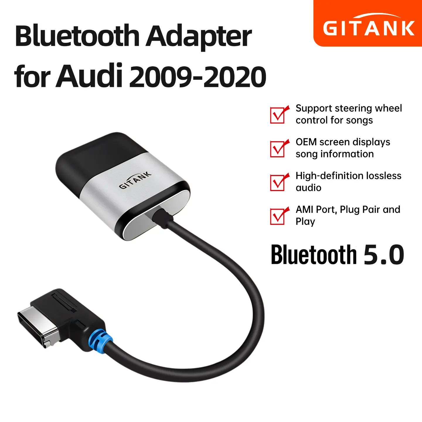 GITANK Bluetooth 5.0 Car Adapter with AptX HD for Audi MMI 3G AMI Music Interface Audi Symphony Concert Mercedes Media Interface