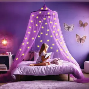 Purple for Girls Bed with Pre-Glued Glow in The Dark Unicorns - Net Room Decor - Kids & Baby Bedroom Tent with Galaxy Lights - 1 Opening Bed & Kit Included