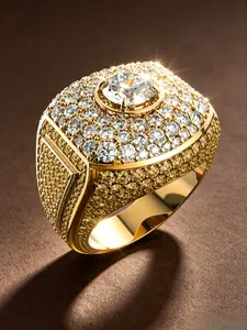 18K Gold Tone Plated Stainless Steel Men Halo Signet Ring, Large Round Center Cubic Zirconia, Full Paved Clear CZ All Over Wide Band, Hypoallergenic Tarnish Resistant Hip Hop Bling Luxury Wedding Statement Jewelry Gift For Guys