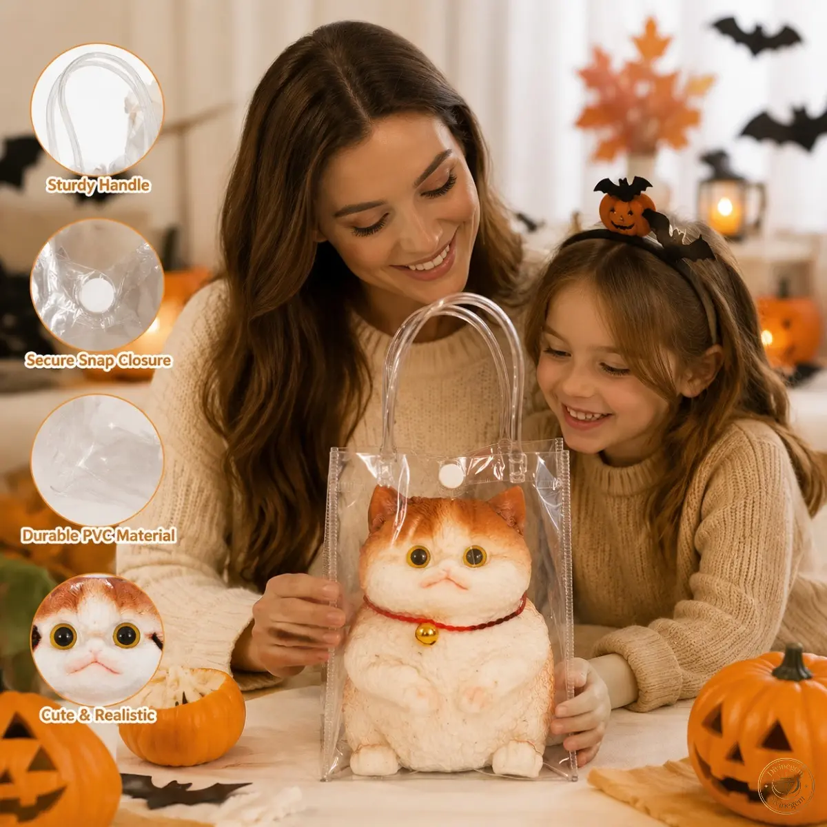 Realistic Fat Cat Resin Figurine, Hand‑painted Cute Kitten Statue with Delicate Surface, Compact Decorative Ornament Equipped with Portable PVC Carry Bag, Suitable for Tabletop, Bedroom, Shelf, Halloween Party and Holiday Indoor Home Decoration