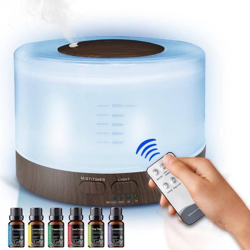 500ml Wood Grain Essential Oil Aroma Diffuser Humidifier - Remote Control Ultrasonic Cool Mist Air Purifier with Night Light, Waterless Fragrance Oil Diffuser, Home Humidifier, Anxiety & Flower Humidifier, Includes 6 Oils salt  lamp