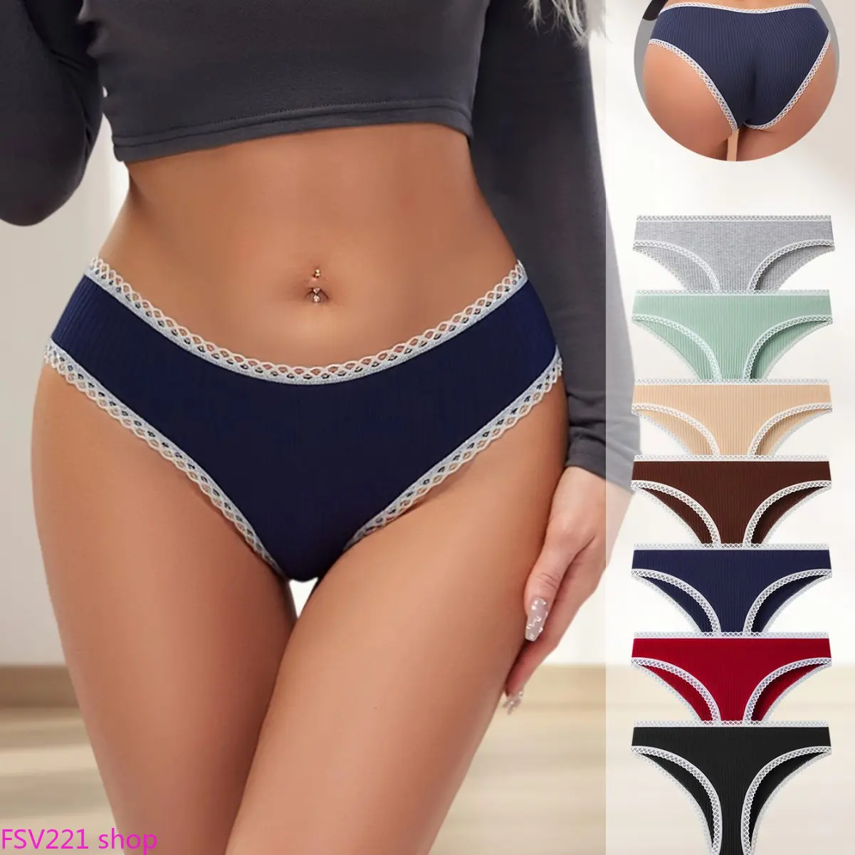 7-Pack Women's Ribbed Lace Trim Panties - Soft Breathable Mid-Rise Underwear, Multi-Color Set Comfort Stretchy Everyday Underwear Ribbed Lace Trim Panties