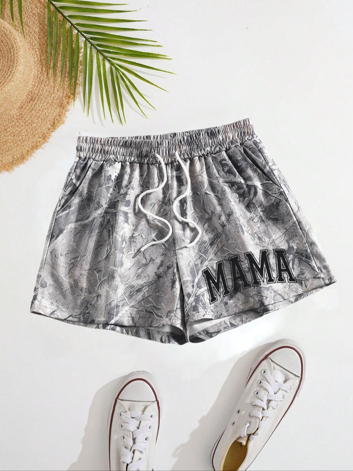 Women's Letter Print Drawstring Waist Shorts, Casual Elastic Waist Pocket Shorts for Summer, Ladies Bottoms for Daily Wear