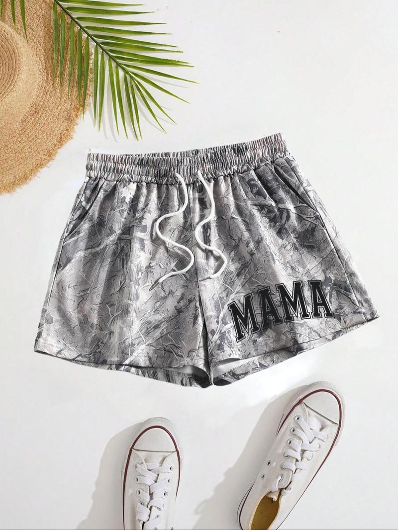 Women's Letter Print Drawstring Waist Shorts, Casual Elastic Waist Pocket Shorts for Summer, Ladies Bottoms for Daily Wear