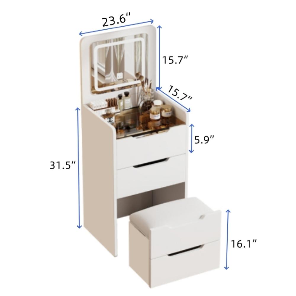 3 in 1 Vanity Desk with Plip Top Mirror, Small Make Up Vanity Set with Visible Glass Desktop, Compact Makeup Vanity with 3 Drawers, Cushioned Tool, Dressing Table for Bedroom 3 in 1 Vanity Desk with Plip Top Mirror, Small Make Up Vanity Set with Visible Glass Desktop, Compact Makeup Vanity with 3 Drawers, Cushioned Tool, Dressing Table for Bedroom