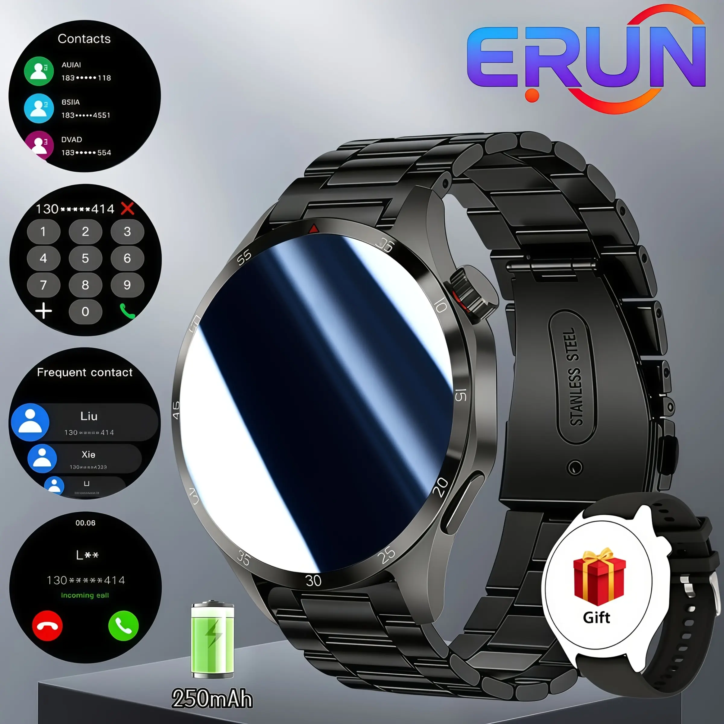 250mah Smart Watch with Large Battery, Wireless Calling, Music Control, Call Alerts, Sms Alerts, Social APP Notifications, Alarm, Sedentary Reminder