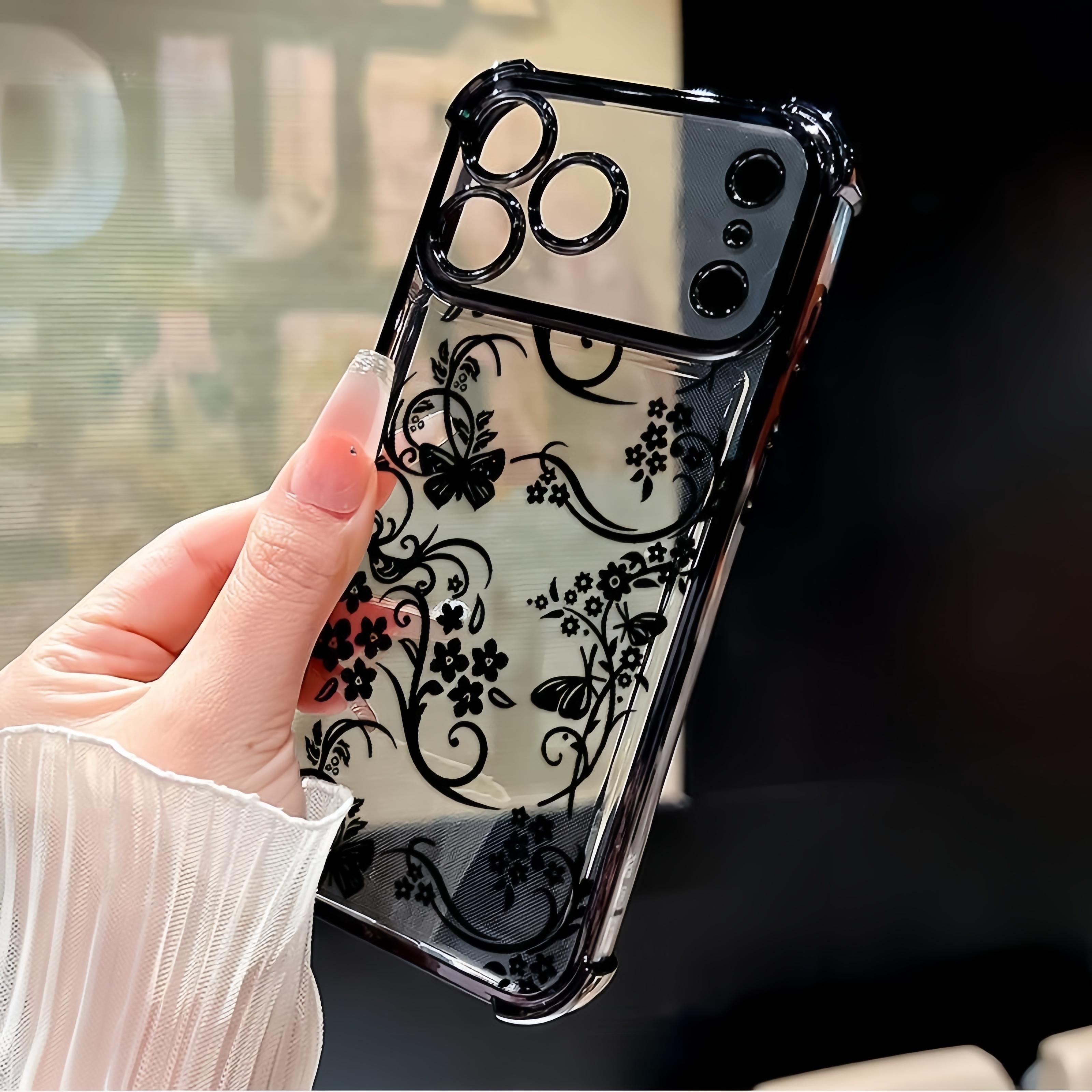 Elegant Floral Vines Pattern Four Corner Anti-Fall Phone Case Transparent Electroplated Protective Cover for iPhone 17 Pro Max Air 16 15 Plus 14 13 12 11 E Slim Lightweight TPU Case with Full Lens Protection