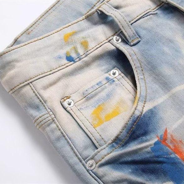 YYK Brand: Street-Style Distressed, Skinny-Fit Stretch Jeans-Featuring Patches, Embroidery, and a Vintage Denim Aesthetic-Showcasing Casual and Fitness-Inspired Styling