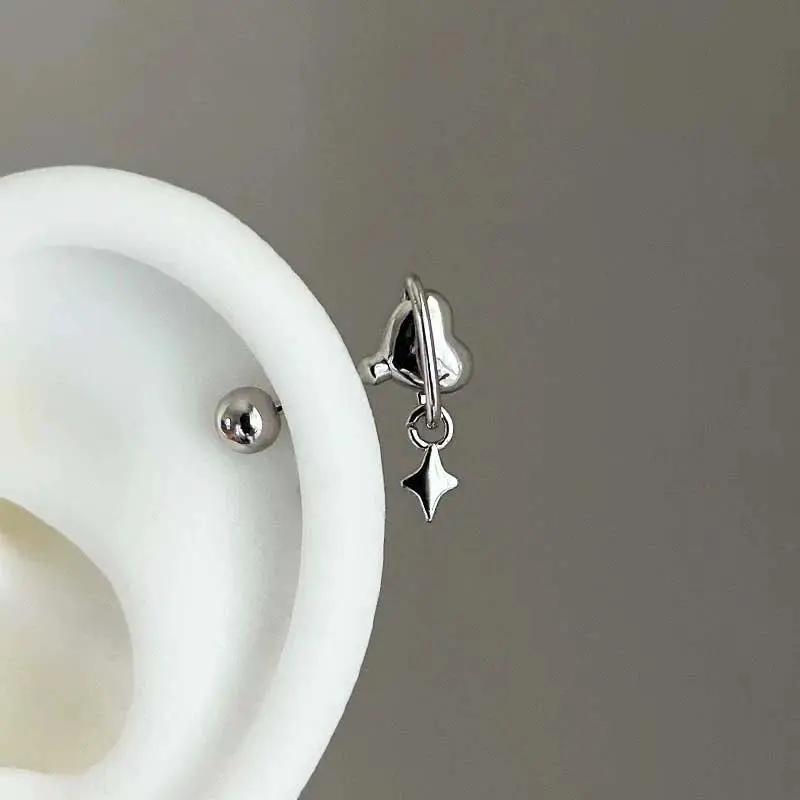 1Pc Stainless Steel Heart Planet Ear Bone Nail for Women Punk Silver Color Love Four Pointed Star Earrings Y2K Jewelry Gifts