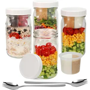 4 Pack Glass Salad Mason Jars with  Meal Prep 32 oz Wide Mouth | Mason Jars Salad Container for Lunch With Long Sporks-Leak-proof & Separate Compartments for Dressing and Dry Ingredients