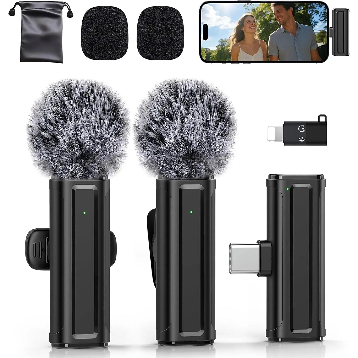 Wireless Mini Microphone for iPhone, iPad, Android, 2 Pack Lavalier Mic with 360° Rotatable Clip, Plug and Play Noise Reduction USB-C Mic for Video Recording YouTube TikTok Podcast Content Creators